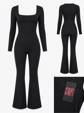 Black Long-Sleeve Square-Neck Jumpsuit